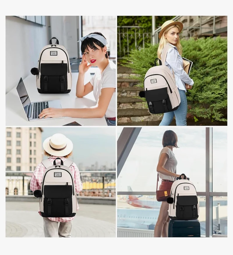School Backpack for Teen Girls, Cute College Aesthetic Bookbag Large 15.6 Inch Laptop Bag Middle School Travel Back Pack - (Black Beige)