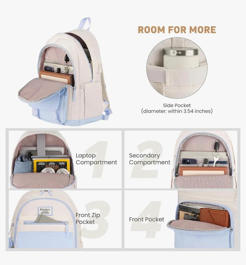 School Backpack for Teen Girls, Cute College Aesthetic Bookbag Large 15.6 Inch Laptop Bag Middle School Travel Back Pack - (Blue Beige)