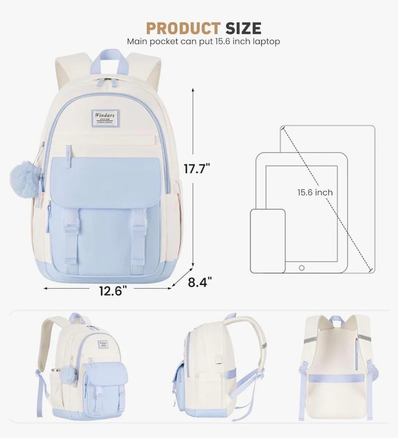 School Backpack for Teen Girls, Cute College Aesthetic Bookbag Large 15.6 Inch Laptop Bag Middle School Travel Back Pack - (Blue Beige)