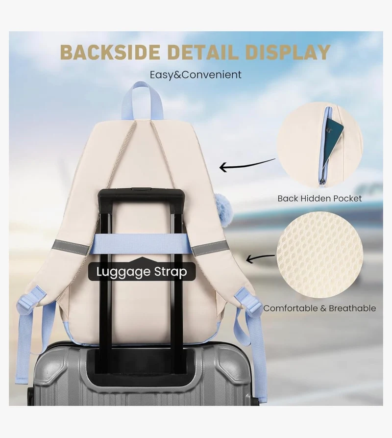 School Backpack for Teen Girls, Cute College Aesthetic Bookbag Large 15.6 Inch Laptop Bag Middle School Travel Back Pack - (Blue Beige)