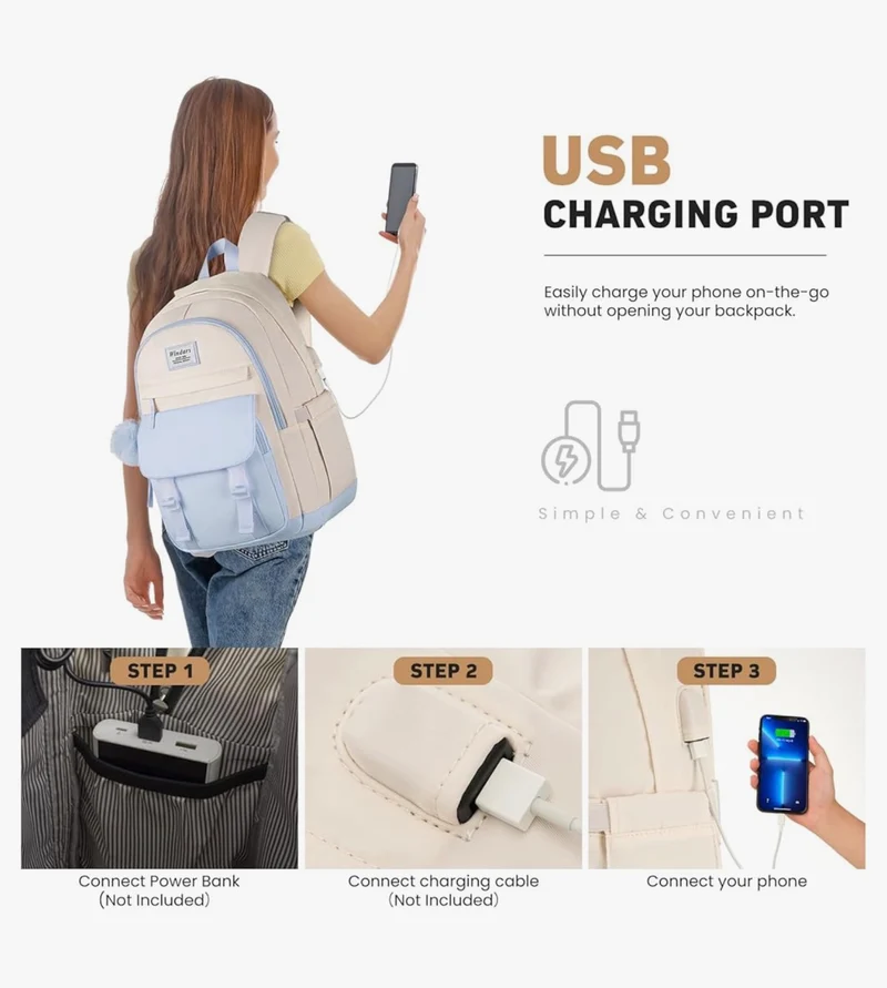 School Backpack for Teen Girls, Cute College Aesthetic Bookbag Large 15.6 Inch Laptop Bag Middle School Travel Back Pack - (Blue Beige)