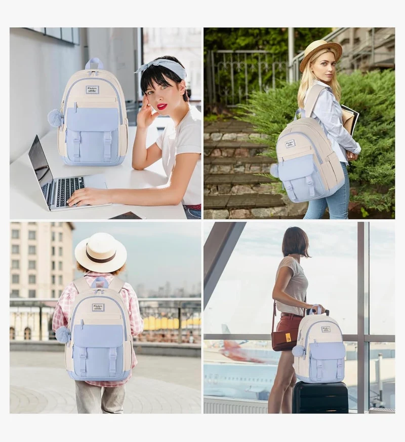 School Backpack for Teen Girls, Cute College Aesthetic Bookbag Large 15.6 Inch Laptop Bag Middle School Travel Back Pack - (Blue Beige)