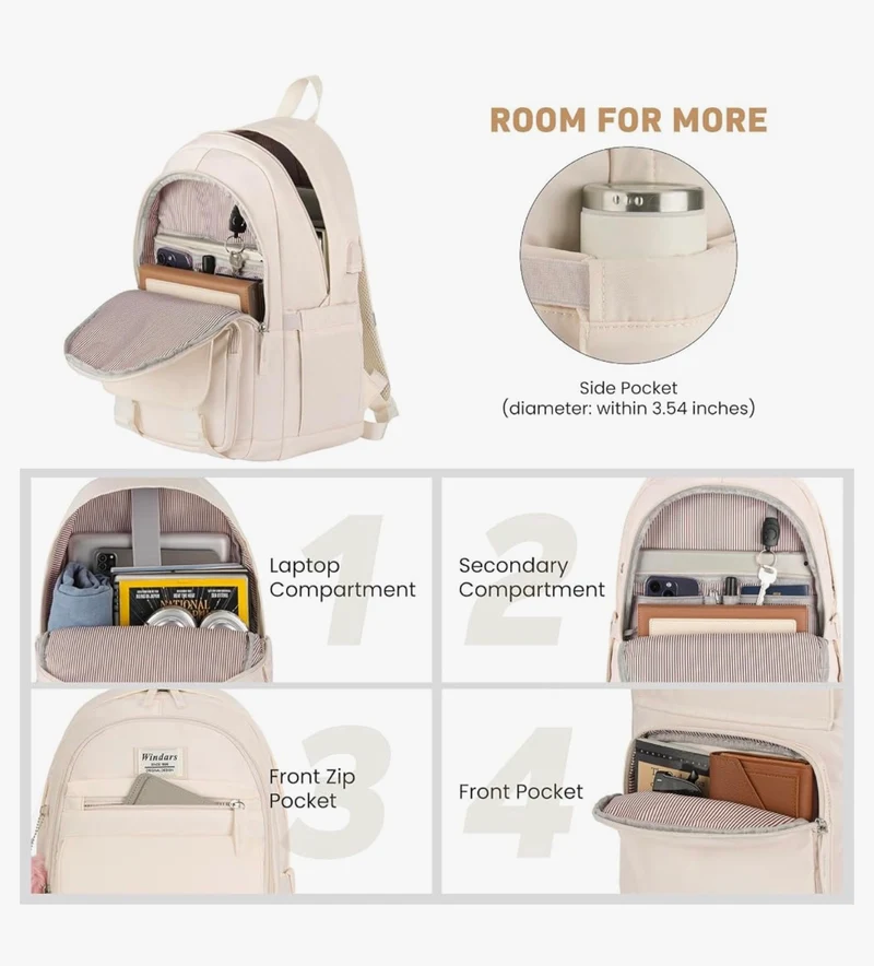 School Backpack for Teen Girls, Cute College Aesthetic Bookbag Large 15.6 Inch Laptop Bag Middle School Travel Back Pack - (Beige)