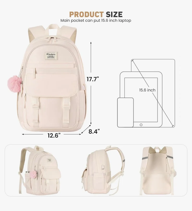 School Backpack for Teen Girls, Cute College Aesthetic Bookbag Large 15.6 Inch Laptop Bag Middle School Travel Back Pack - (Beige)