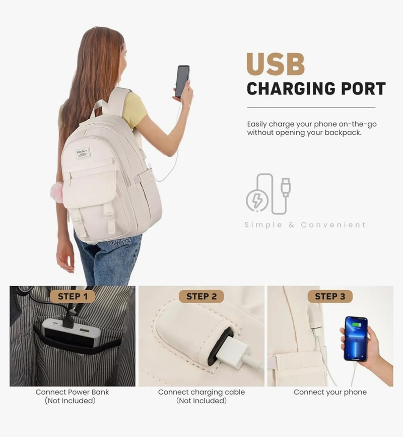 School Backpack for Teen Girls, Cute College Aesthetic Bookbag Large 15.6 Inch Laptop Bag Middle School Travel Back Pack - (Beige)
