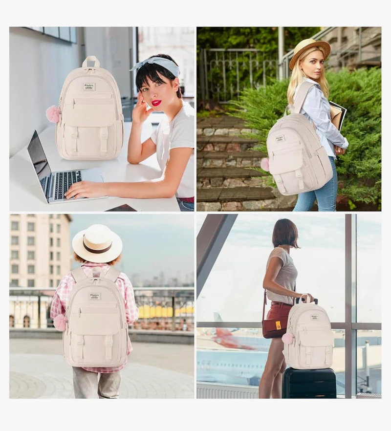 School Backpack for Teen Girls, Cute College Aesthetic Bookbag Large 15.6 Inch Laptop Bag Middle School Travel Back Pack - (Beige)