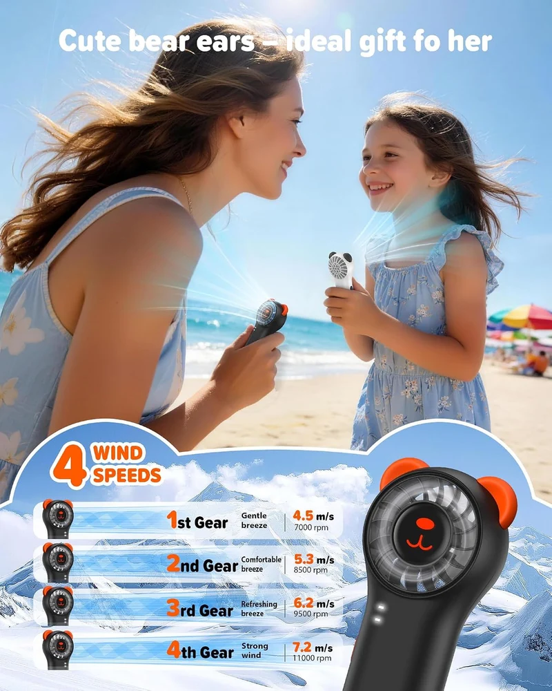 Cute Bear Mini Handheld Portable Fan 11000RPM Rechargeable - Black