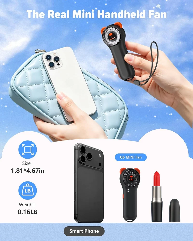 Cute Bear Mini Handheld Portable Fan 11000RPM Rechargeable - Black