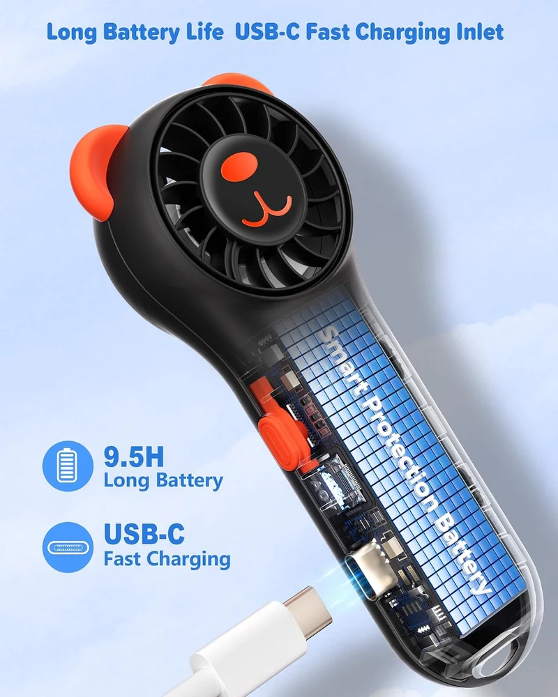 Cute Bear Mini Handheld Portable Fan 11000RPM Rechargeable - Black