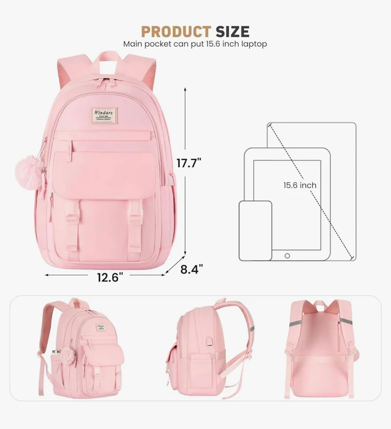 School Backpack for Teen Girls, Cute College Aesthetic Bookbag Large 15.6 Inch Laptop Bag Middle School Travel Back Pack - (Pink)