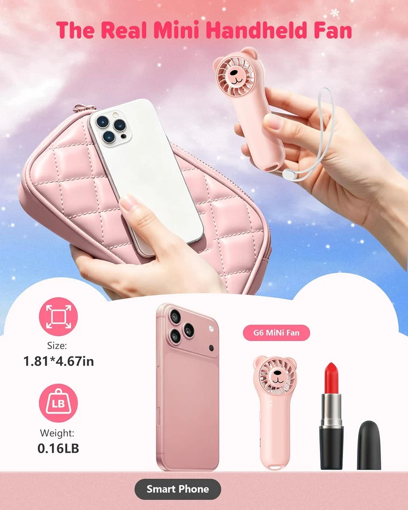 Cute Bear Mini Handheld Portable Fan 11000RPM Rechargeable - Pink
