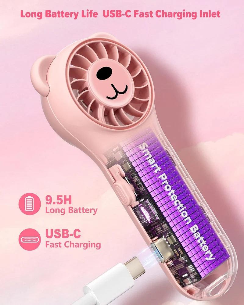 Cute Bear Mini Handheld Portable Fan 11000RPM Rechargeable - Pink