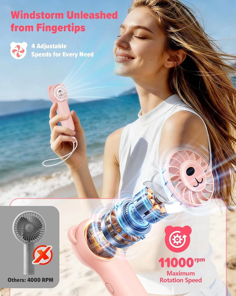 Cute Bear Mini Handheld Portable Fan 11000RPM Rechargeable - Pink