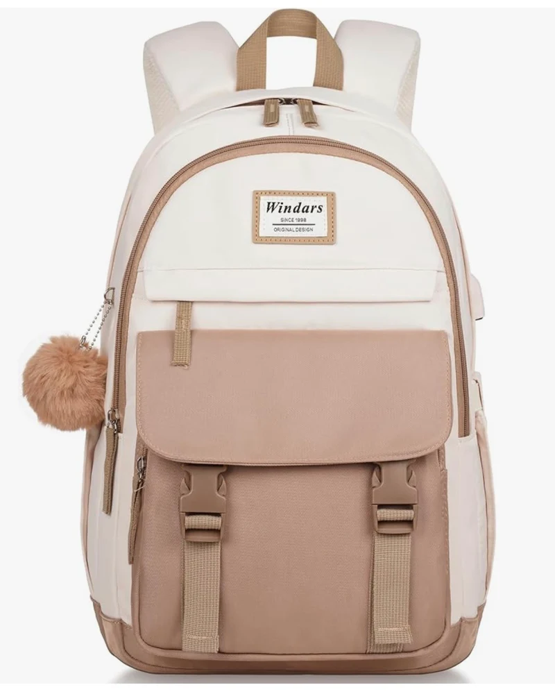 School Backpack for Teen Girls, Cute College Aesthetic Bookbag Large 15.6 Inch Laptop Bag Middle School Travel Back Pack - (Khaki Beige)