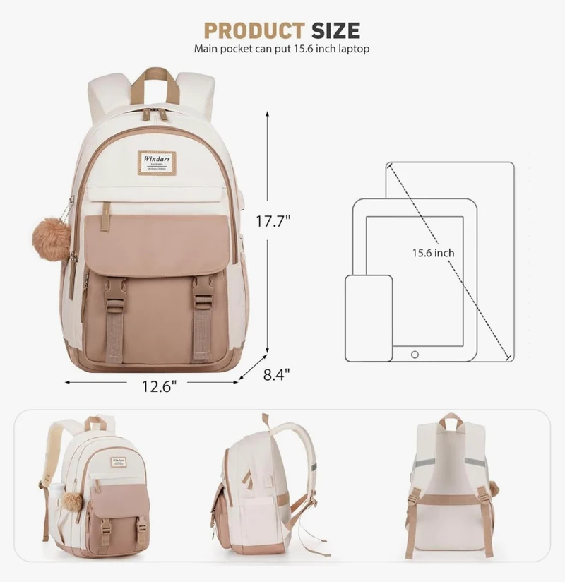 School Backpack for Teen Girls, Cute College Aesthetic Bookbag Large 15.6 Inch Laptop Bag Middle School Travel Back Pack - (Khaki Beige)