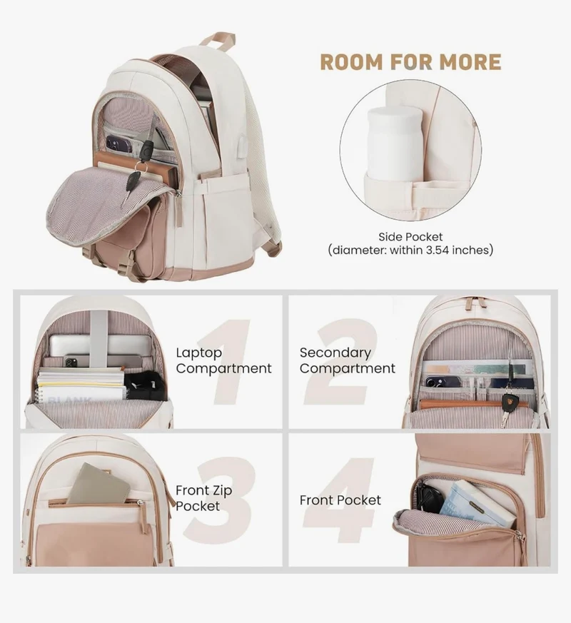 School Backpack for Teen Girls, Cute College Aesthetic Bookbag Large 15.6 Inch Laptop Bag Middle School Travel Back Pack - (Khaki Beige)