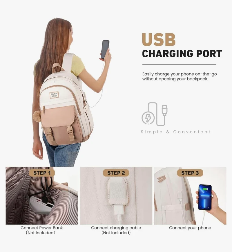 School Backpack for Teen Girls, Cute College Aesthetic Bookbag Large 15.6 Inch Laptop Bag Middle School Travel Back Pack - (Khaki Beige)
