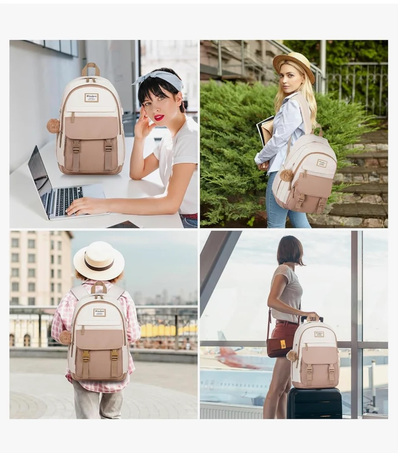 School Backpack for Teen Girls, Cute College Aesthetic Bookbag Large 15.6 Inch Laptop Bag Middle School Travel Back Pack - (Khaki Beige)