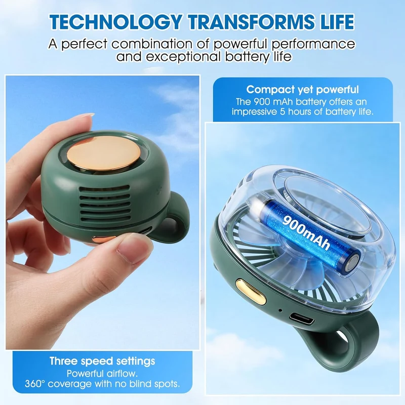 Portable Clip-On Bladeless Fan 360° Rotatable Rechargeable - Green