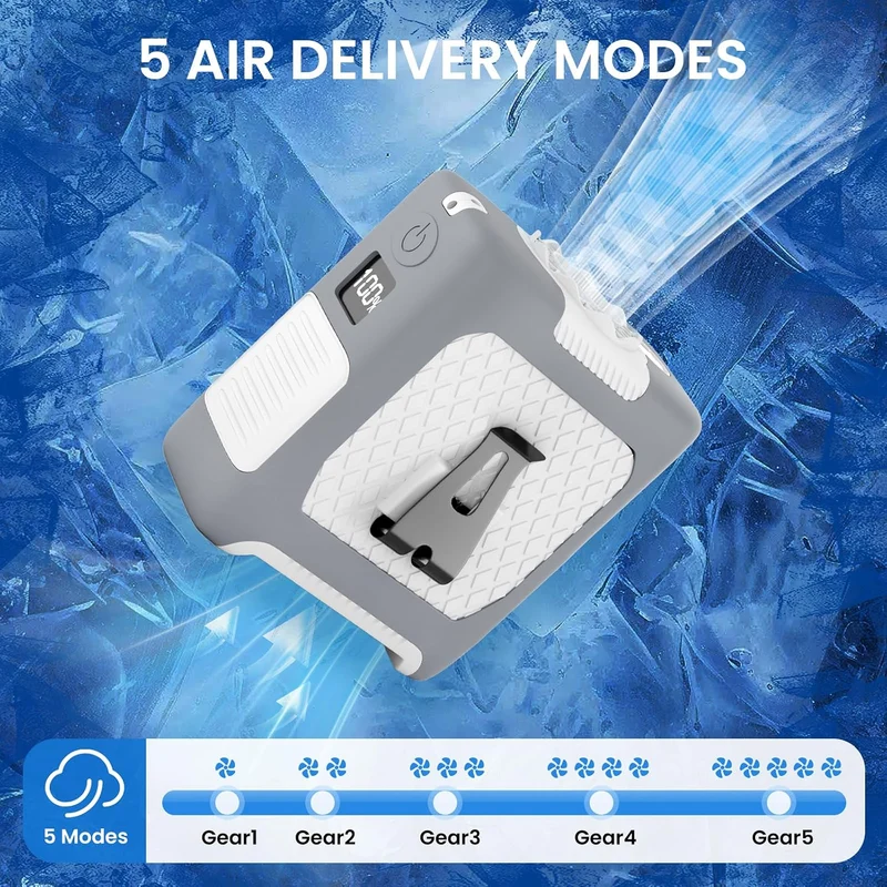 10000mAh Portable Waist Fan with Flashlight - 5 Speed - White