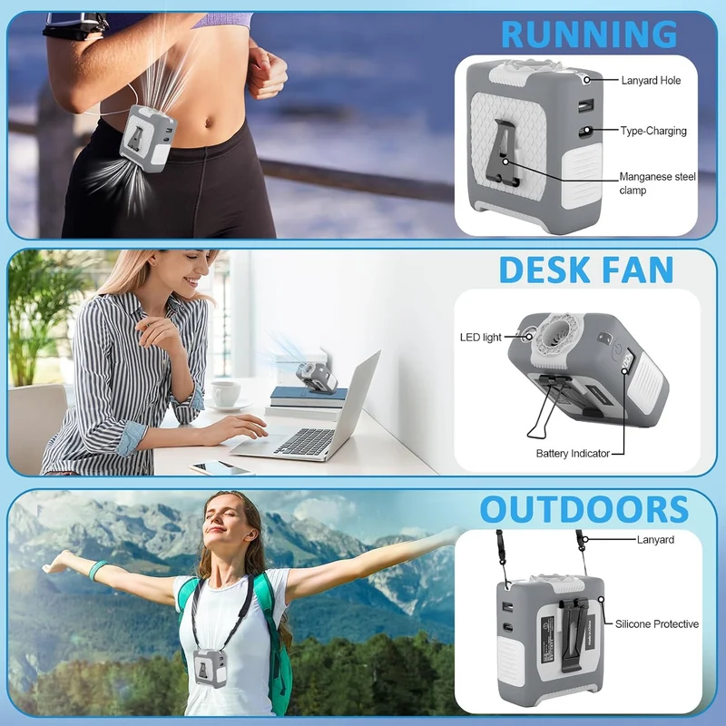 10000mAh Portable Waist Fan with Flashlight - 5 Speed - White