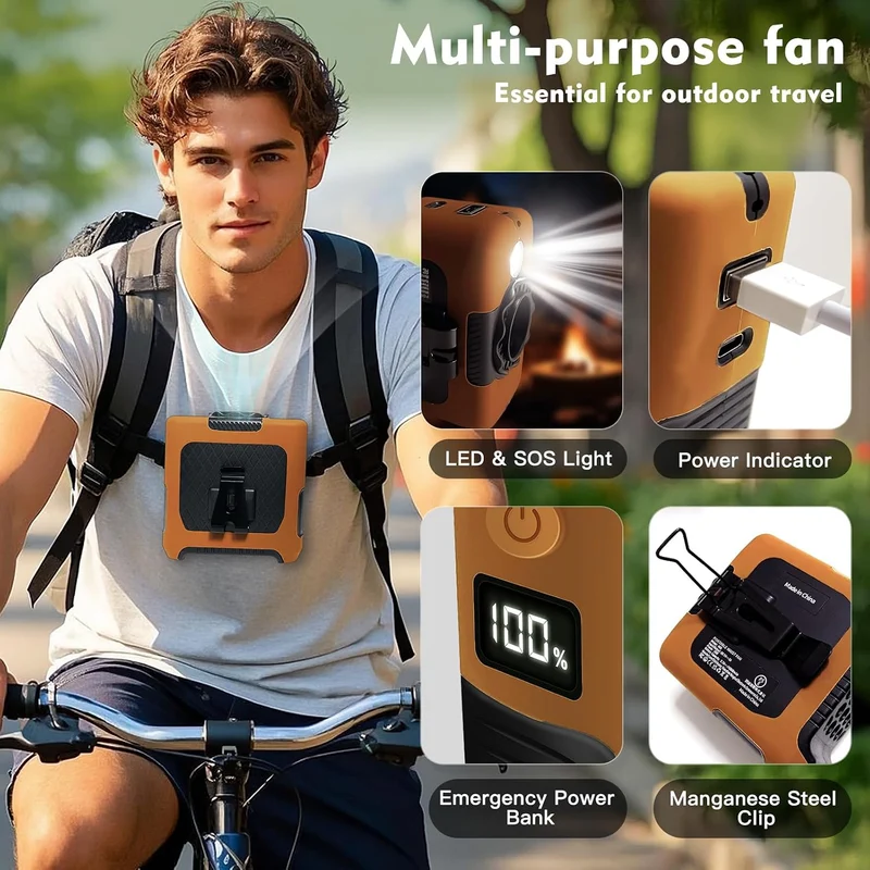 10000mAh Portable Waist Fan with Flashlight - 5 Speed - Orange And White