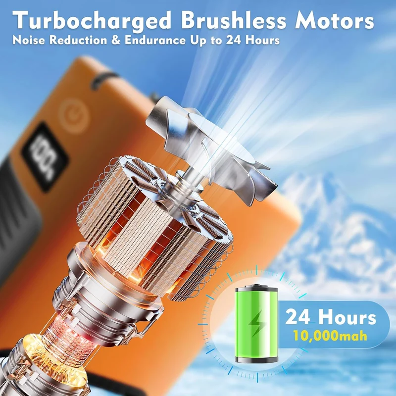 10000mAh Portable Waist Fan with Flashlight - 5 Speed - Orange And White