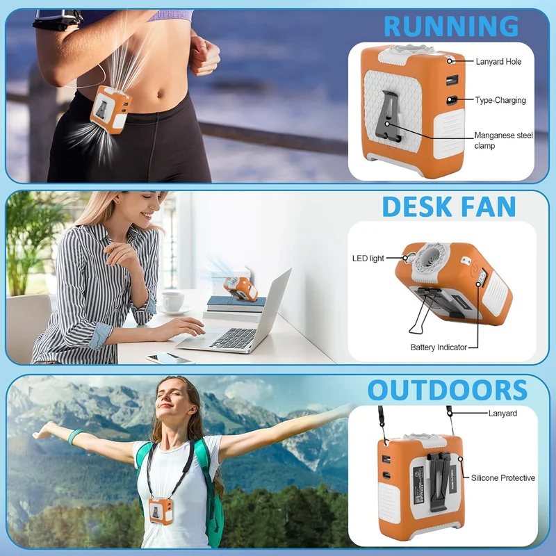 10000mAh Portable Waist Fan with Flashlight - 5 Speed - Orange And White
