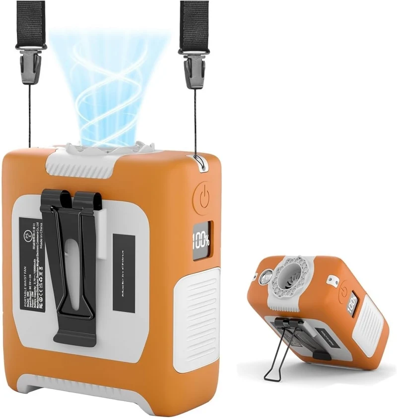 10000mAh Portable Waist Fan with Flashlight - 5 Speed - Orange And White