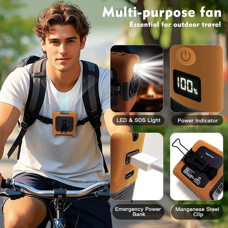 10000mAh Portable Waist Fan with Flashlight - 5 Speed - Orange