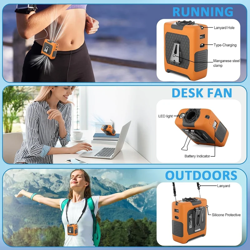 10000mAh Portable Waist Fan with Flashlight - 5 Speed - Orange
