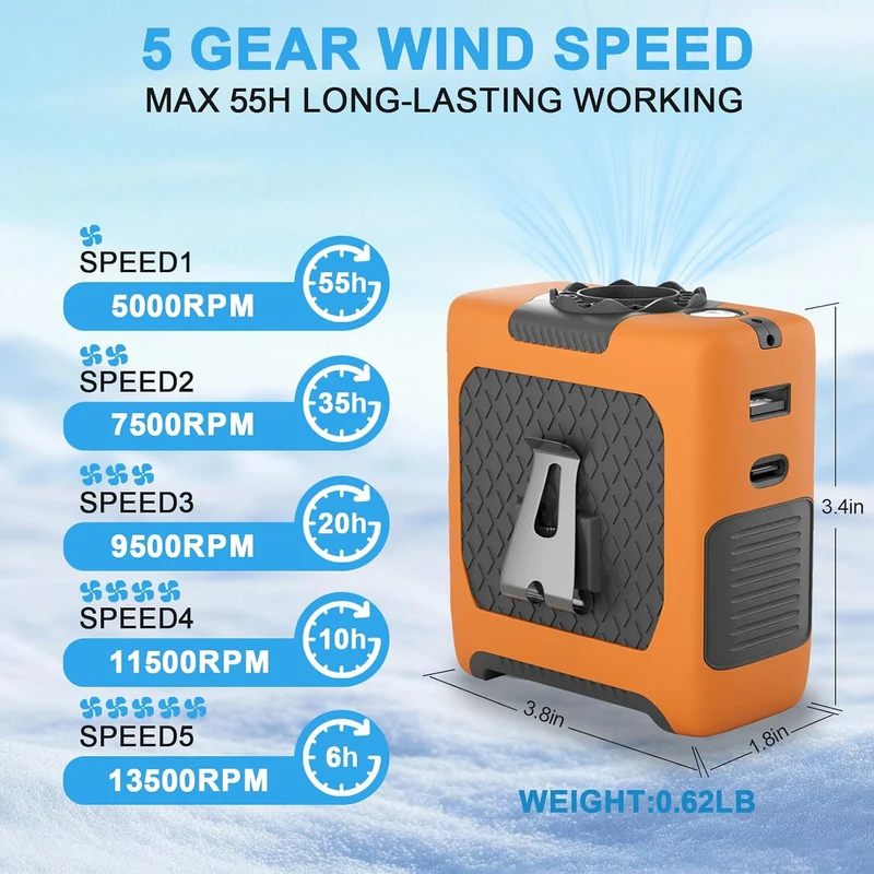 10000mAh Portable Waist Fan with Flashlight - 5 Speed - Orange