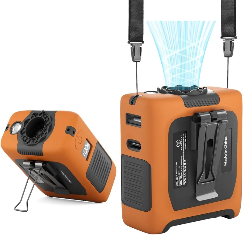 10000mAh Portable Waist Fan with Flashlight - 5 Speed - Orange
