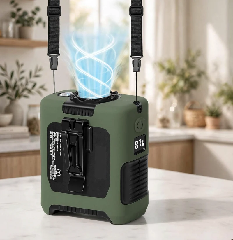 10000mAh Portable Waist Fan with Flashlight - 5 Speed - Dark Green