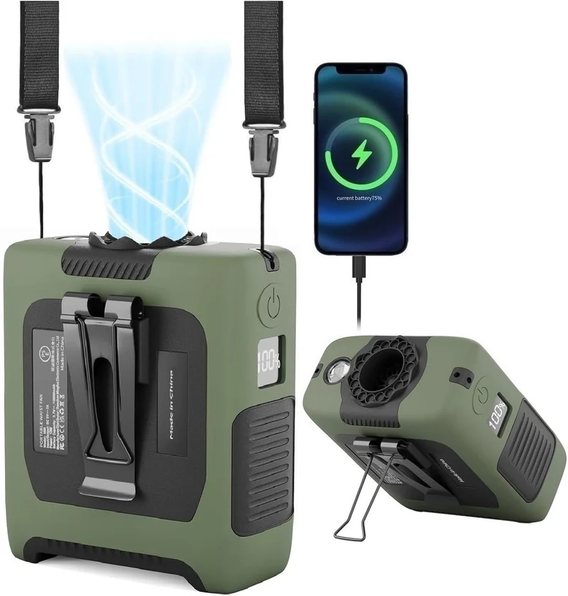 10000mAh Portable Waist Fan with Flashlight - 5 Speed - Dark Green