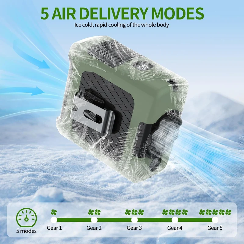 10000mAh Portable Waist Fan with Flashlight - 5 Speed - Dark Green