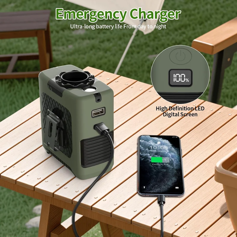 10000mAh Portable Waist Fan with Flashlight - 5 Speed - Dark Green