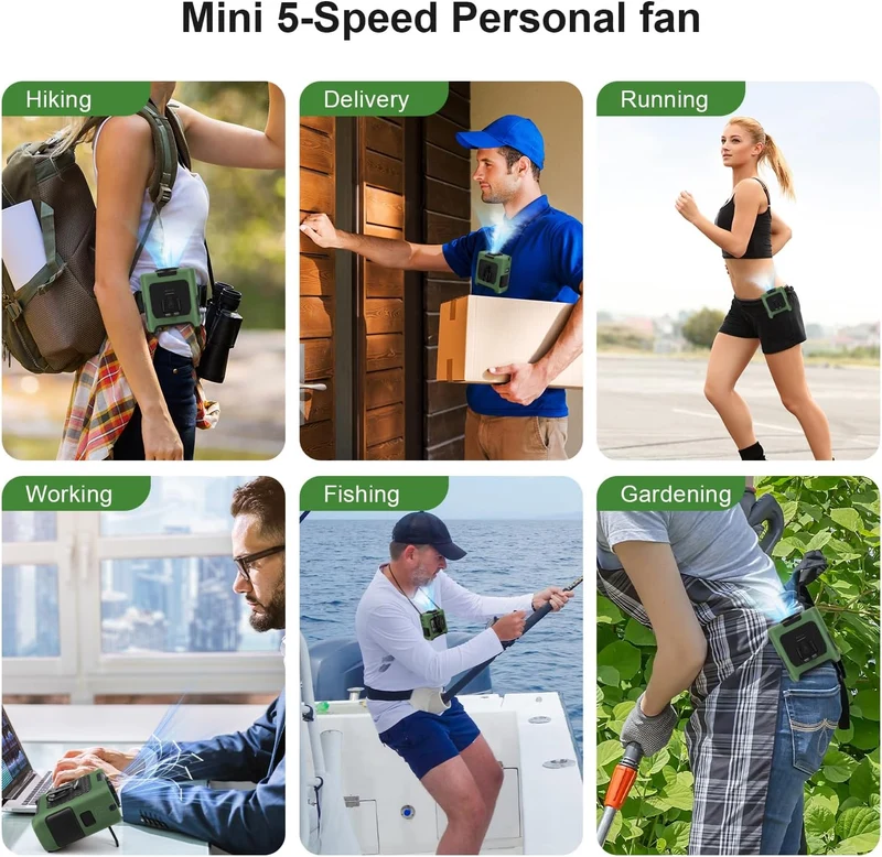 10000mAh Portable Waist Fan with Flashlight - 5 Speed - Dark Green