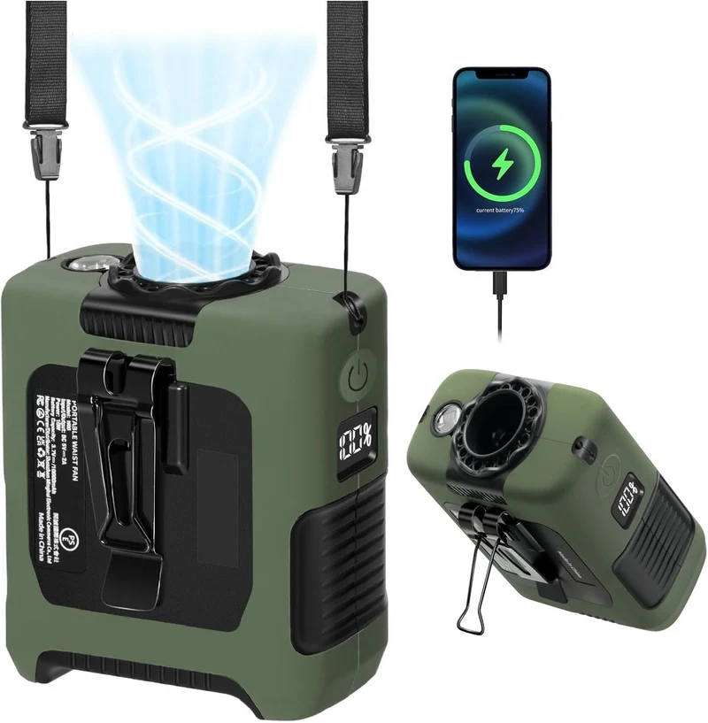 10000mAh Portable Waist Fan with Flashlight - 5 Speed - Dark Green