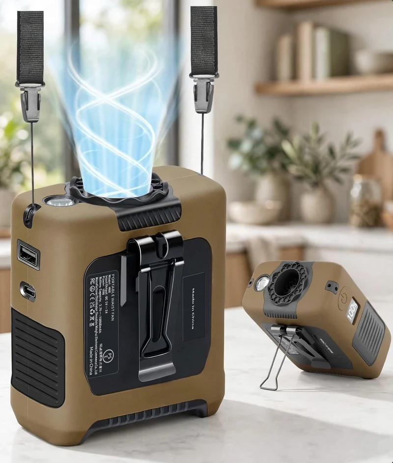 10000mAh Portable Waist Fan with Flashlight - 5 Speed - Brown
