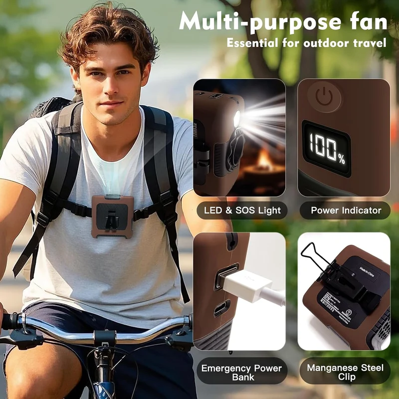 10000mAh Portable Waist Fan with Flashlight - 5 Speed - Brown