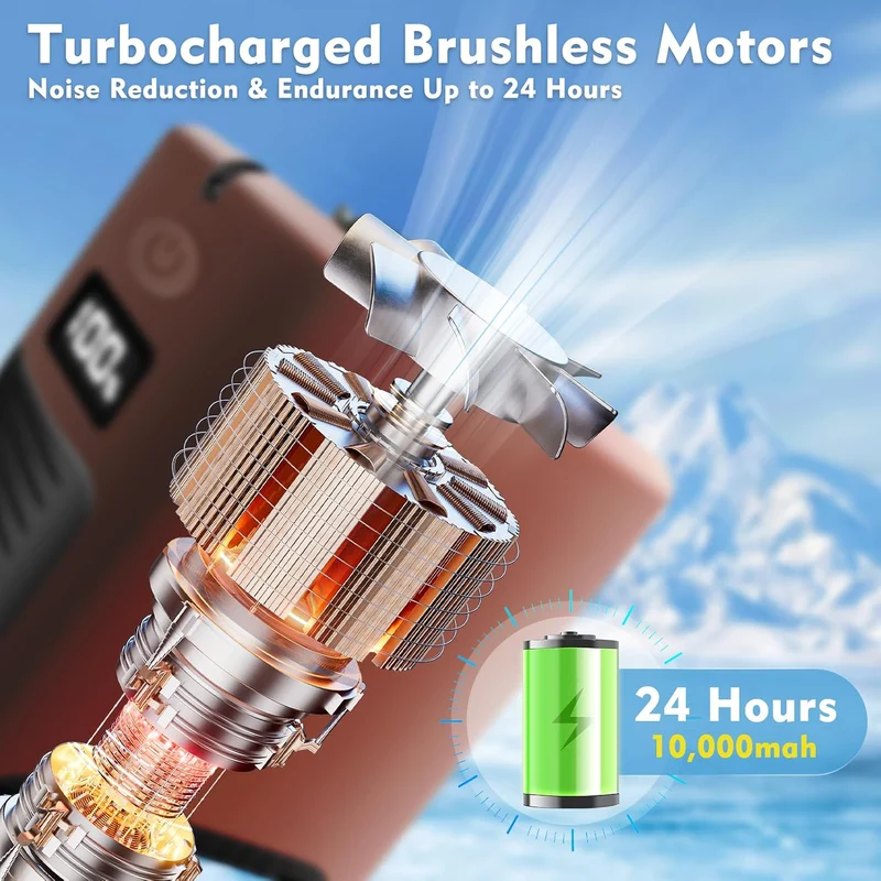 10000mAh Portable Waist Fan with Flashlight - 5 Speed - Brown