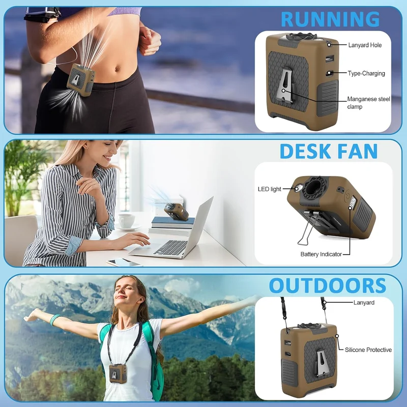 10000mAh Portable Waist Fan with Flashlight - 5 Speed - Brown