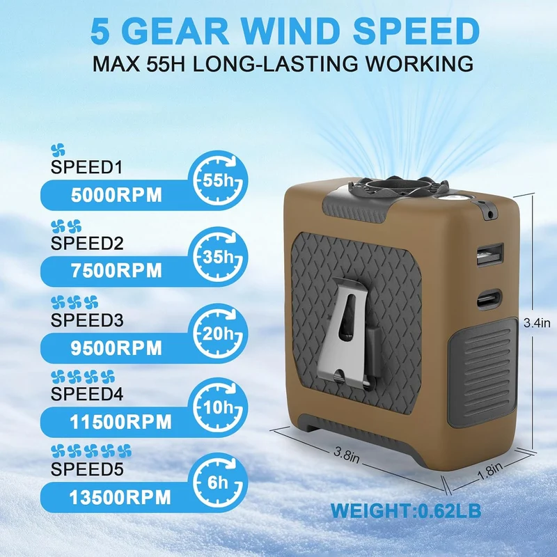 10000mAh Portable Waist Fan with Flashlight - 5 Speed - Brown