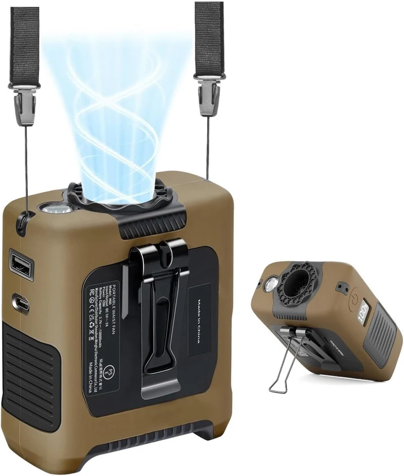 10000mAh Portable Waist Fan with Flashlight - 5 Speed - Brown