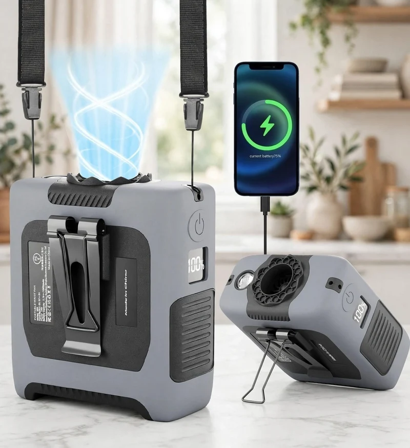 10000mAh Portable Waist Fan with Flashlight - 5 Speed - Gray