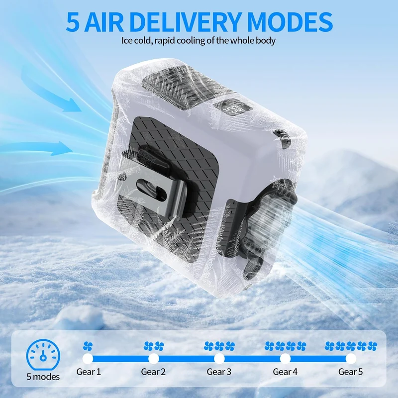 10000mAh Portable Waist Fan with Flashlight - 5 Speed - Gray