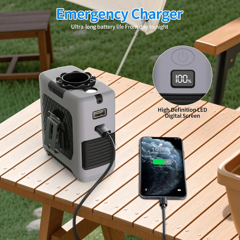 10000mAh Portable Waist Fan with Flashlight - 5 Speed - Gray