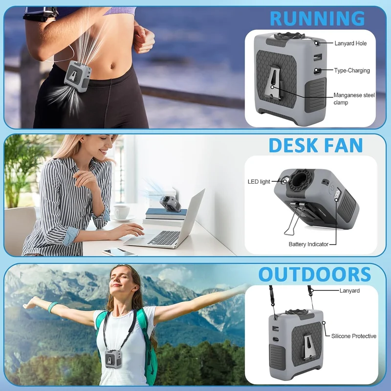 10000mAh Portable Waist Fan with Flashlight - 5 Speed - Gray