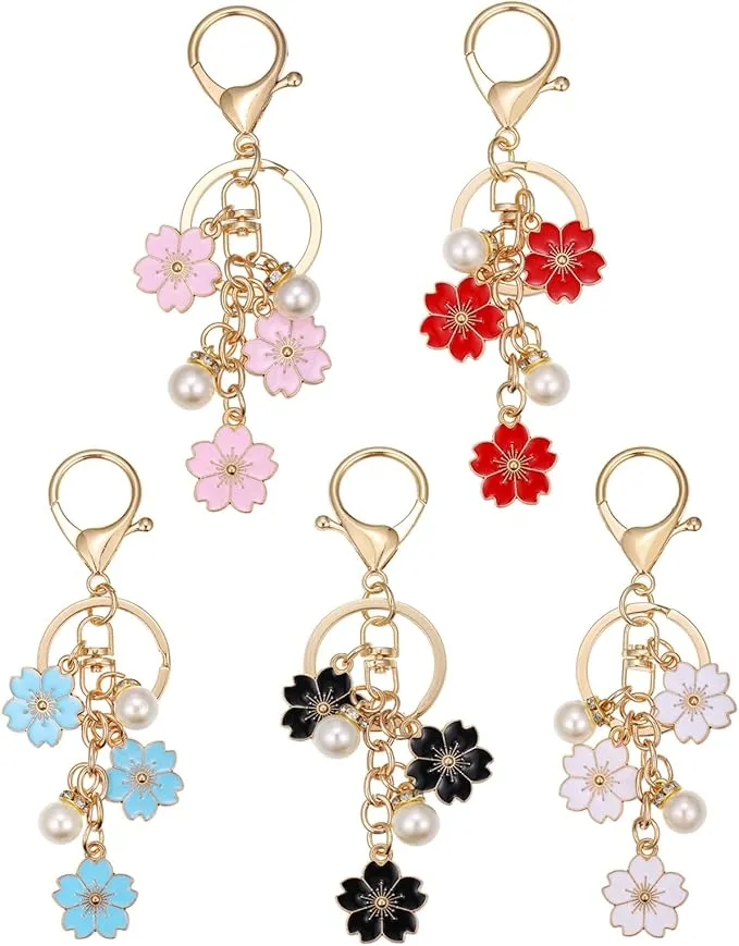 Charm Flower Pearl Bag Accessories Keychains Pink White Black Blue Red - (5pcs)